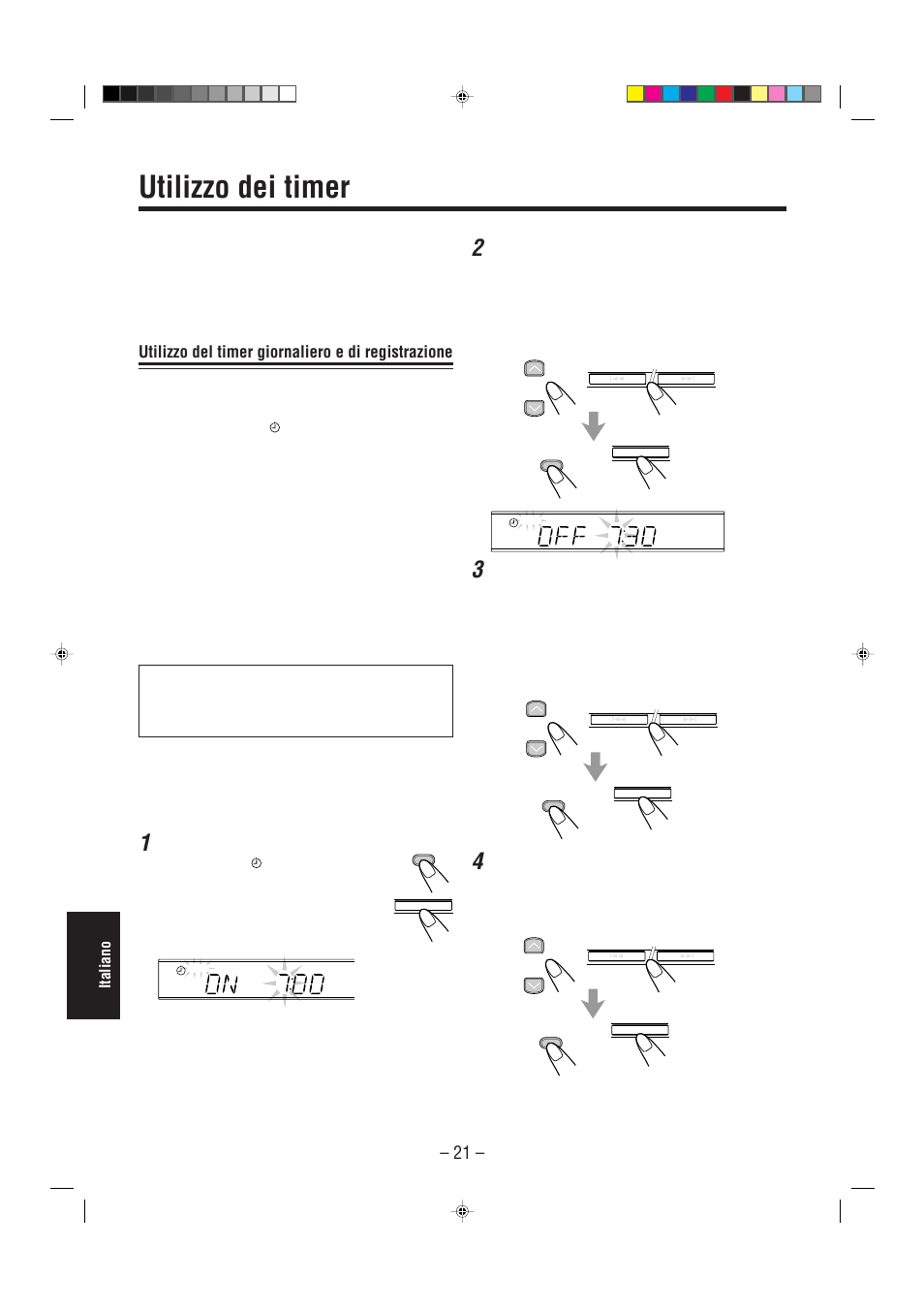 Utilizzo dei timer, Utilizzo del timer giornaliero e di registrazione, Italiano | Premere clock/timer, Impostare l’ora di accensione dell’apparecchio | JVC UX-L30R M User Manual | Page 182 / 189