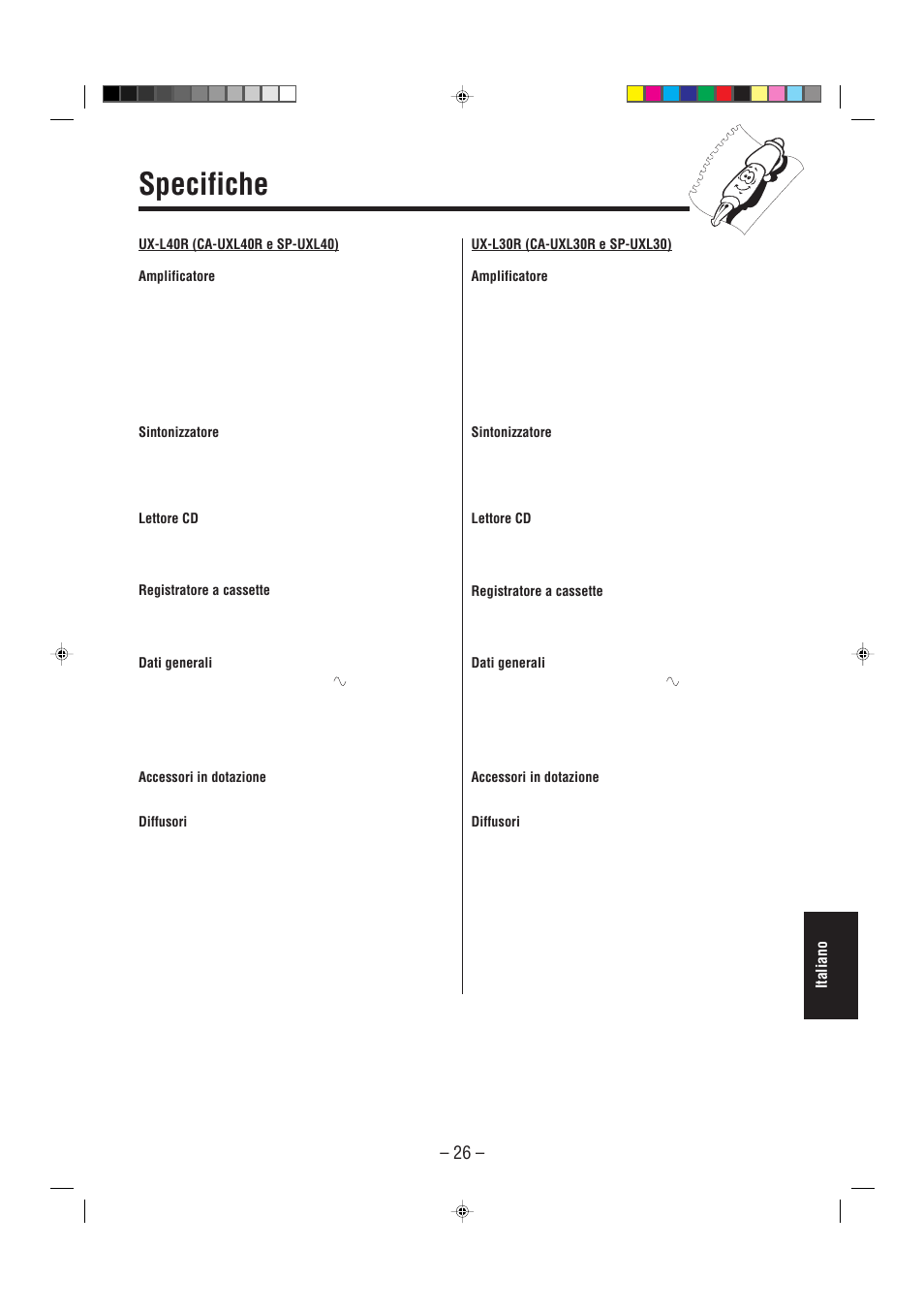 Specifiche, Italiano | JVC UX-L30R M User Manual | Page 187 / 189