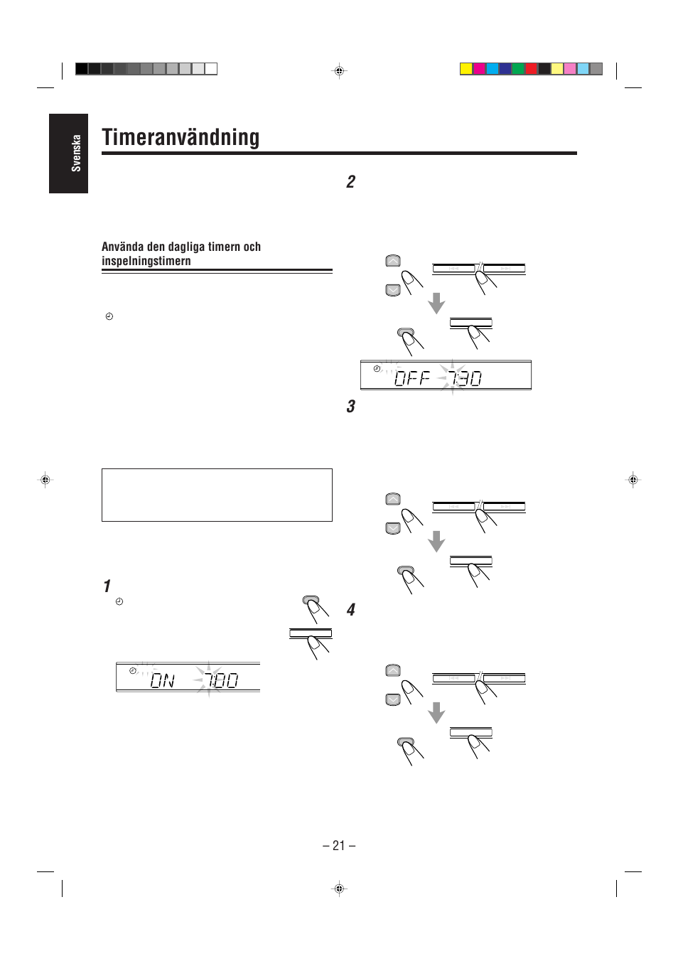 Timeranvändning, Använda den dagliga timern och inspelningstimern, Svenska | Tryck på clock/timer, Lägg in önskad påslagningstid för enheten | JVC UX-L30R M User Manual | Page 26 / 189