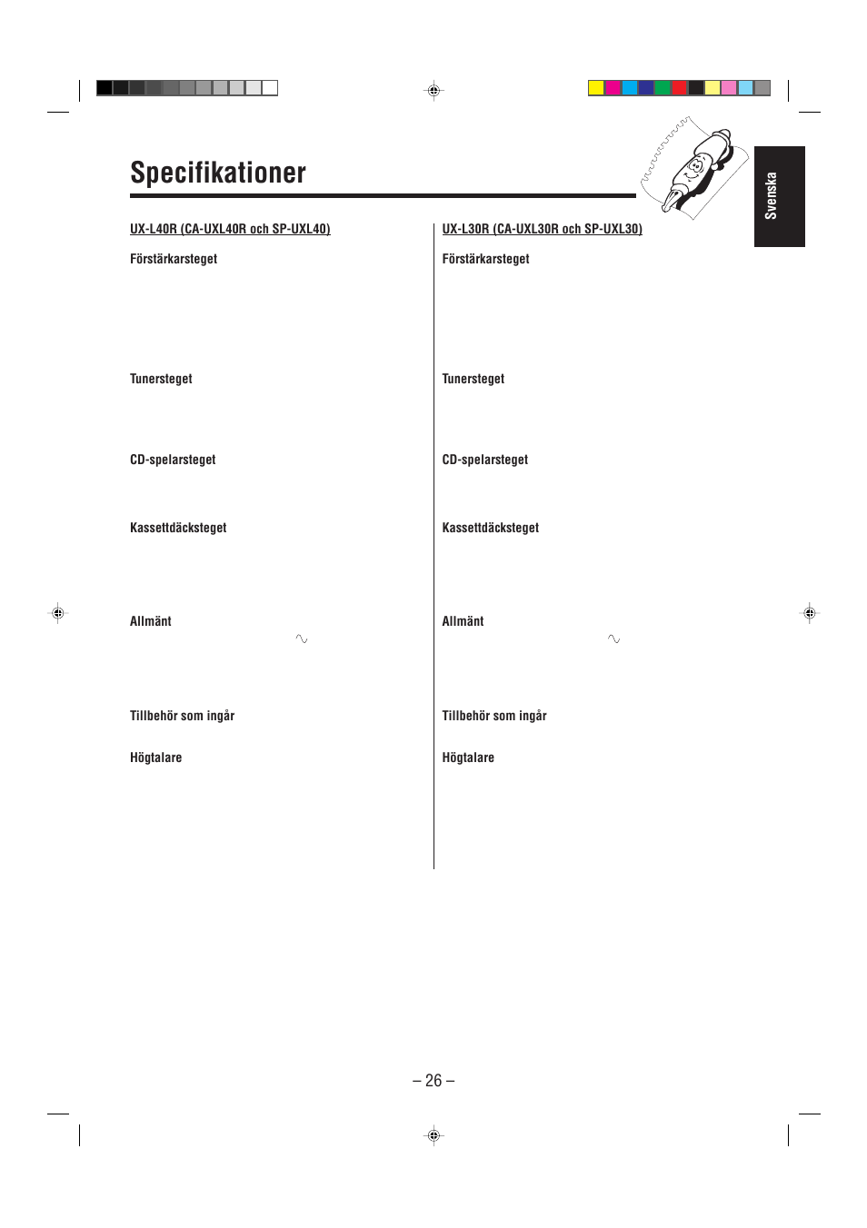 Specifikationer, Svenska | JVC UX-L30R M User Manual | Page 31 / 189