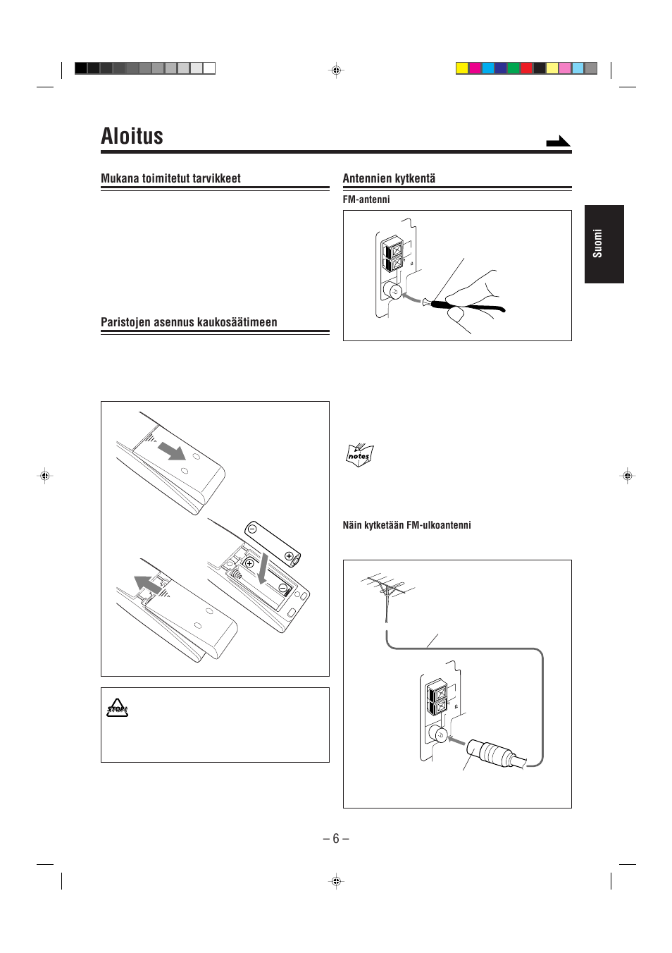 Aloitus, Mukana toimitetut tarvikkeet, Paristojen asennus kaukosäätimeen | Antennien kytkentä | JVC UX-L30R M User Manual | Page 37 / 189