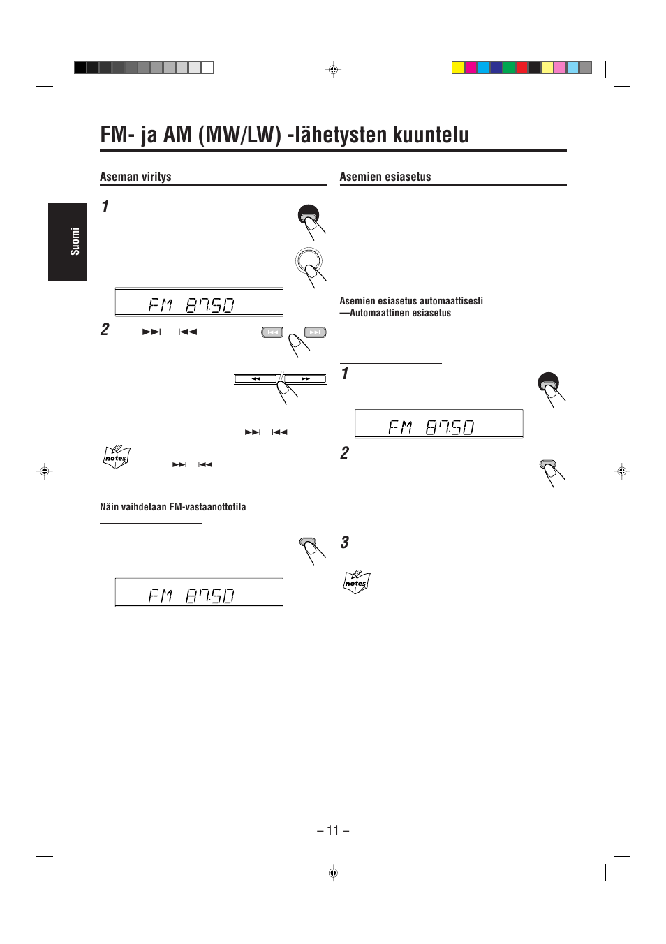 Fm- ja am (mw/lw) -lähetysten kuuntelu, Aseman viritys, Asemien esiasetus | JVC UX-L30R M User Manual | Page 42 / 189