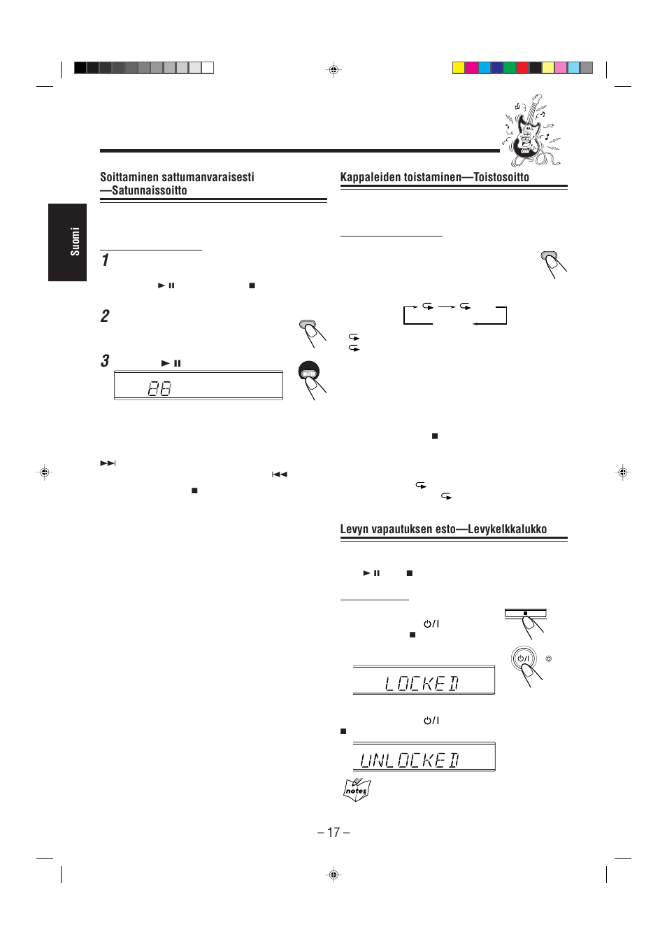 Kappaleiden toistaminen—toistosoitto, Levyn vapautuksen esto—levykelkkalukko, Soittaminen sattumanvaraisesti —satunnaissoitto | JVC UX-L30R M User Manual | Page 48 / 189