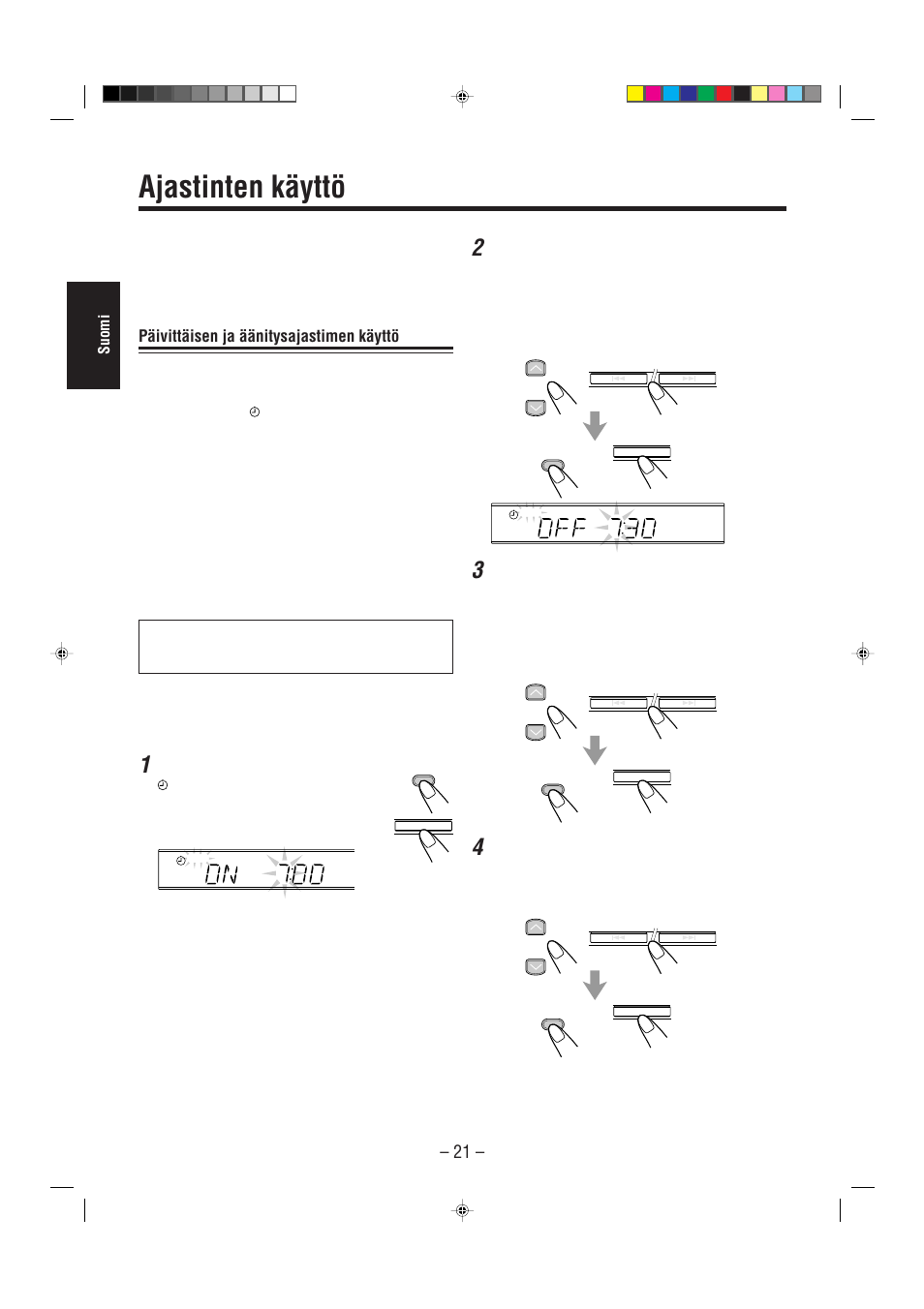 Ajastinten käyttö, Päivittäisen ja äänitysajastimen käyttö, Suomi | Paina clock/timer-näppäintä | JVC UX-L30R M User Manual | Page 52 / 189