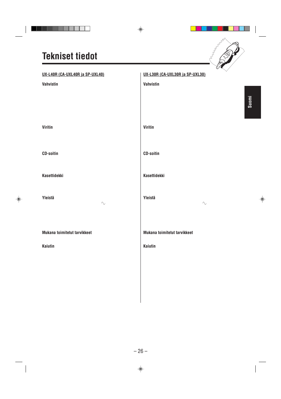 Tekniset tiedot, Suomi | JVC UX-L30R M User Manual | Page 57 / 189