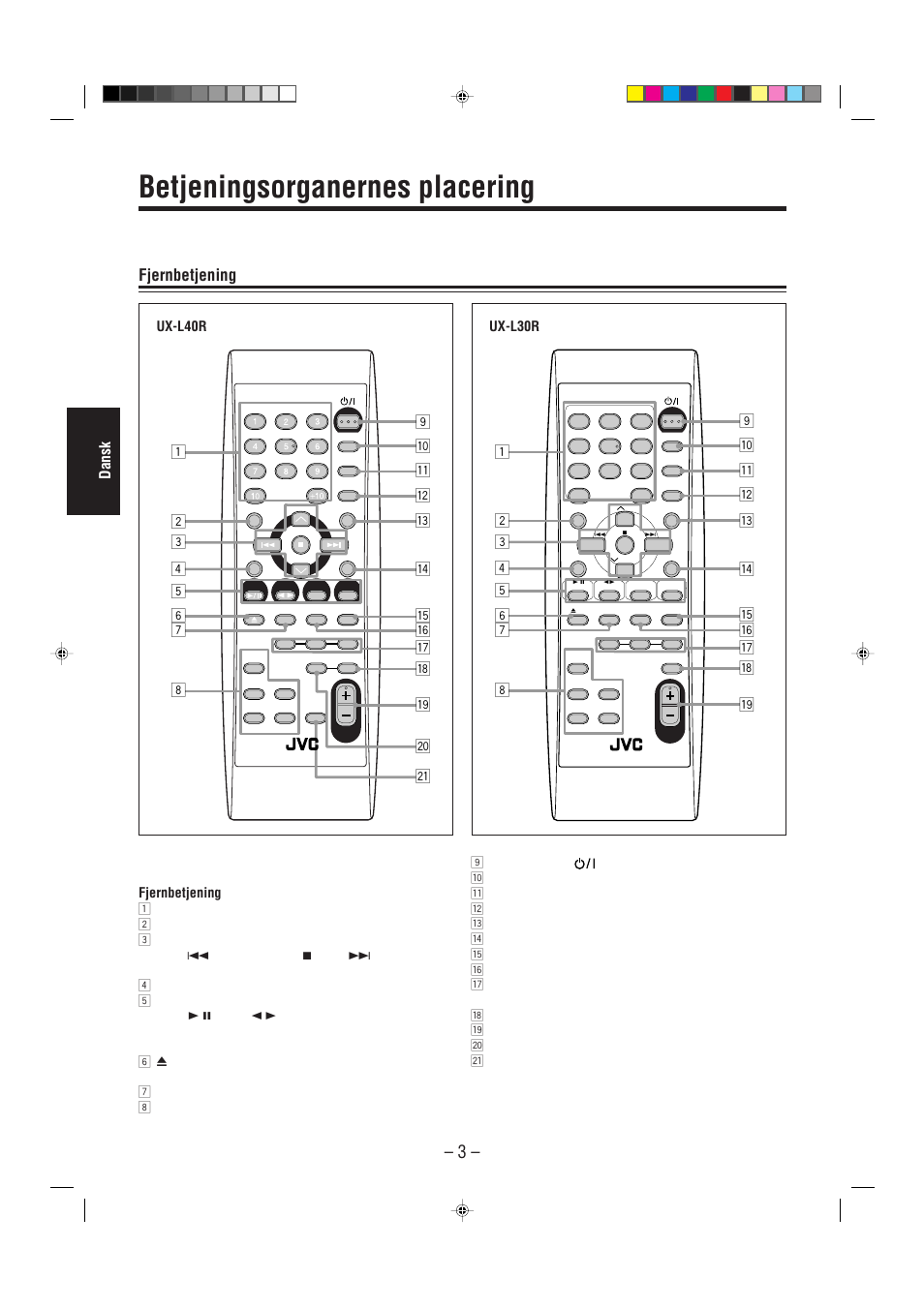 Betjeningsorganernes placering, Dansk, Fjernbetjening | Ux-l40r ux-l30r | JVC UX-L30R M User Manual | Page 60 / 189
