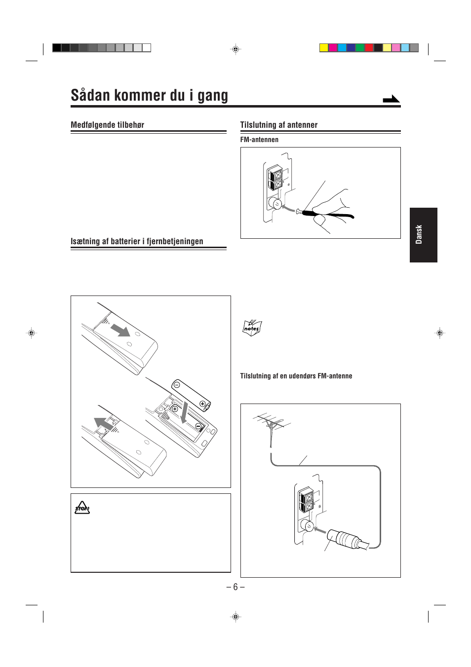 Sådan kommer du i gang, Medfølgende tilbehør, Isætning af batterier i fjernbetjeningen | Tilslutning af antenner | JVC UX-L30R M User Manual | Page 63 / 189