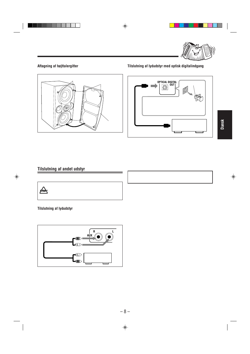 Nu kan netledningen tilsluttes, Tilslutning af andet udstyr | JVC UX-L30R M User Manual | Page 65 / 189