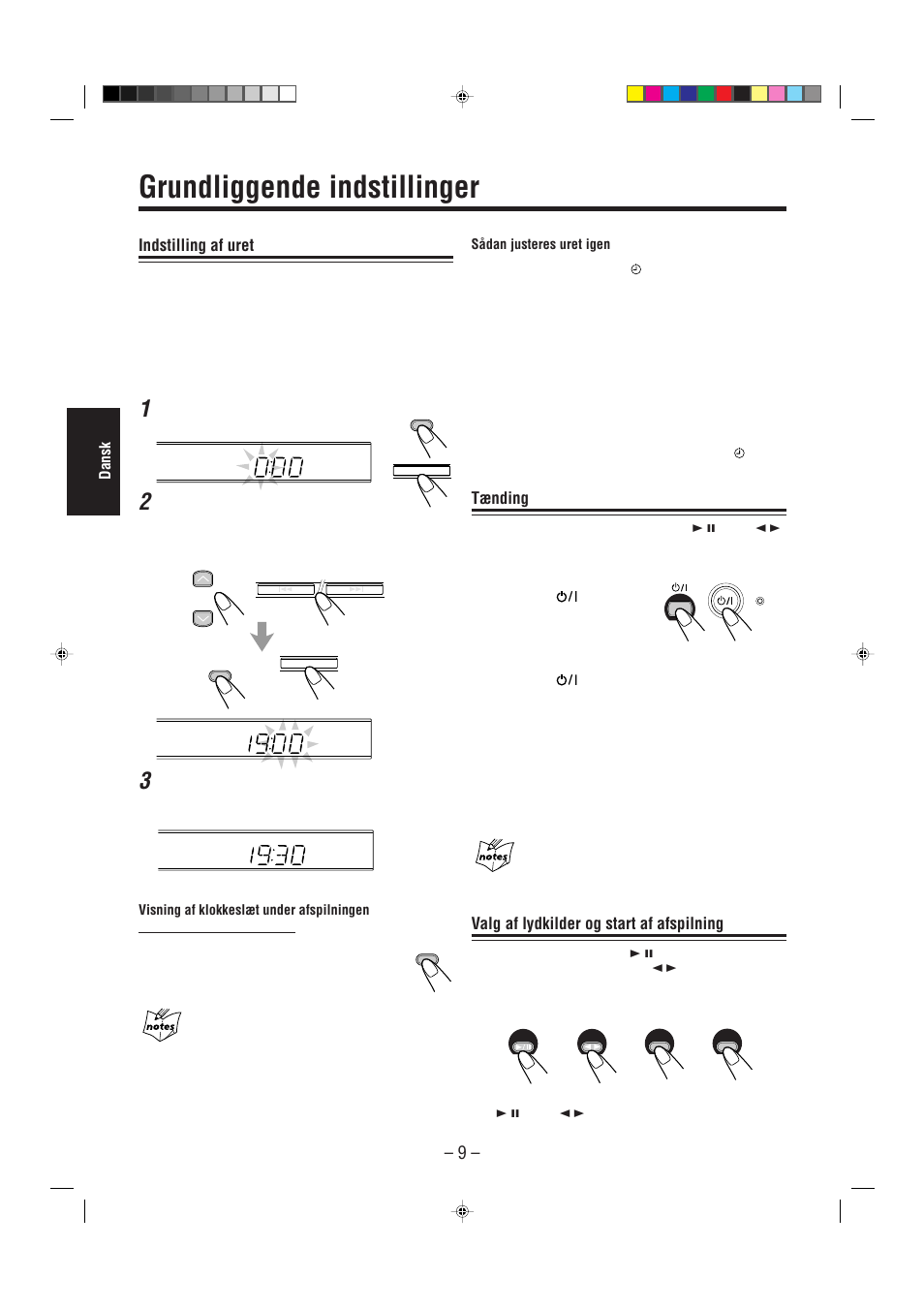 Grundliggende indstillinger, Indstilling af uret, Tænding | Valg af lydkilder og start af afspilning | JVC UX-L30R M User Manual | Page 66 / 189