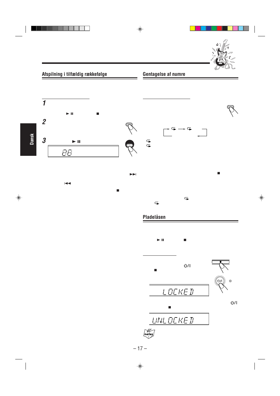 Gentagelse af numre, Pladelåsen, Afspilning i tilfældig rækkefølge | JVC UX-L30R M User Manual | Page 74 / 189