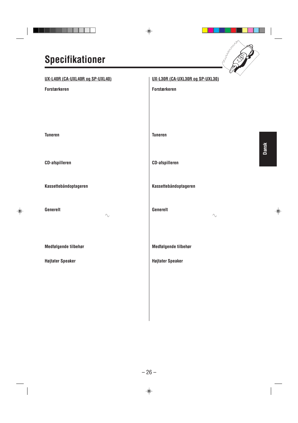 Specifikationer, Dansk | JVC UX-L30R M User Manual | Page 83 / 189