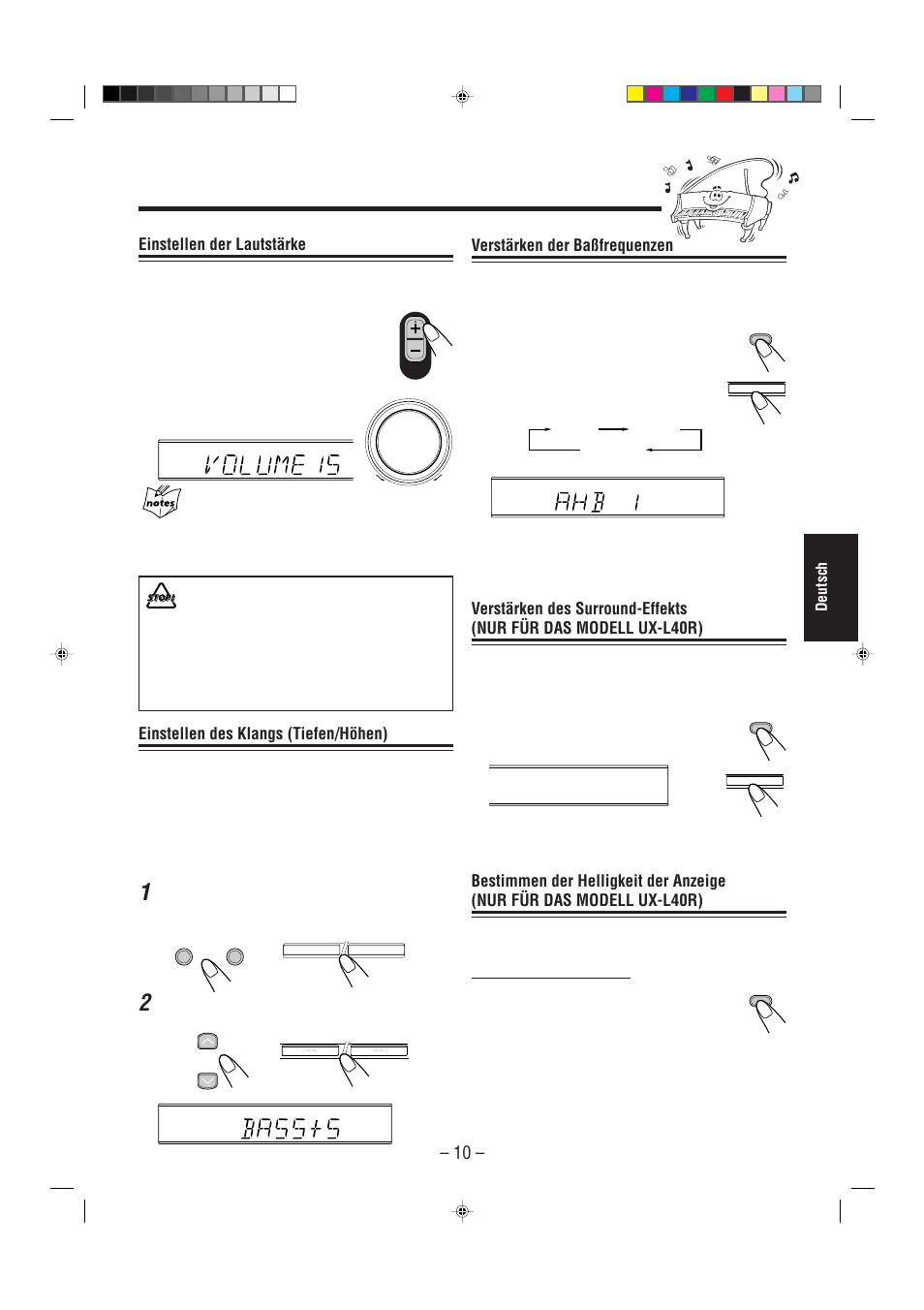 Verstärken der baßfrequenzen, Einstellen der lautstärke, Einstellen des klangs (tiefen/höhen) | Deutsch | JVC UX-L30R M User Manual | Page 93 / 189