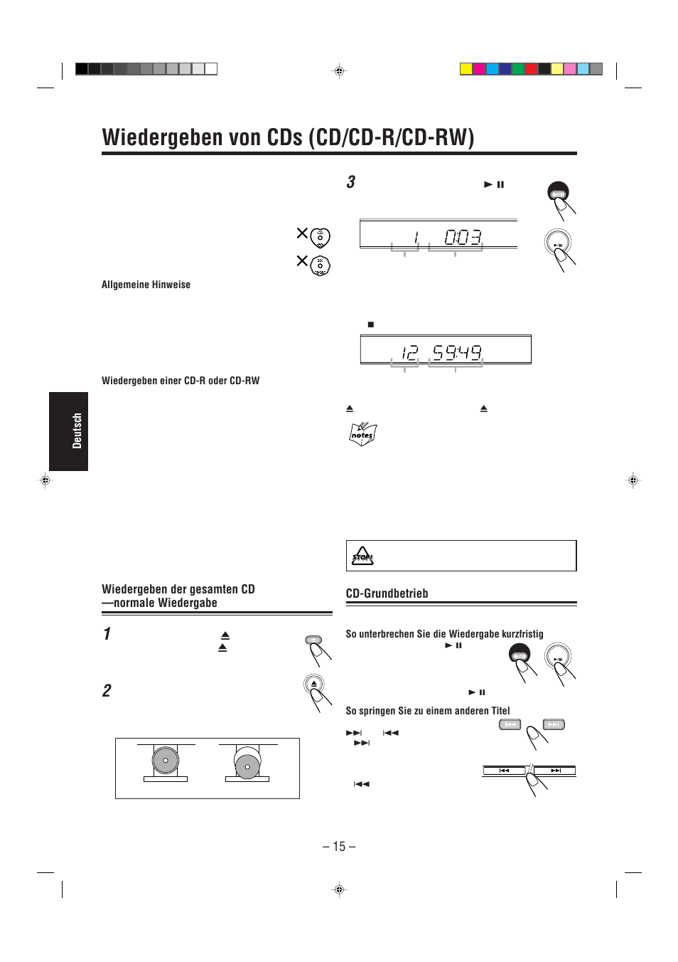 Wiedergeben von cds (cd/cd-r/cd-rw), Wiedergeben der gesamten cd —normale wiedergabe, Cd-grundbetrieb | JVC UX-L30R M User Manual | Page 98 / 189