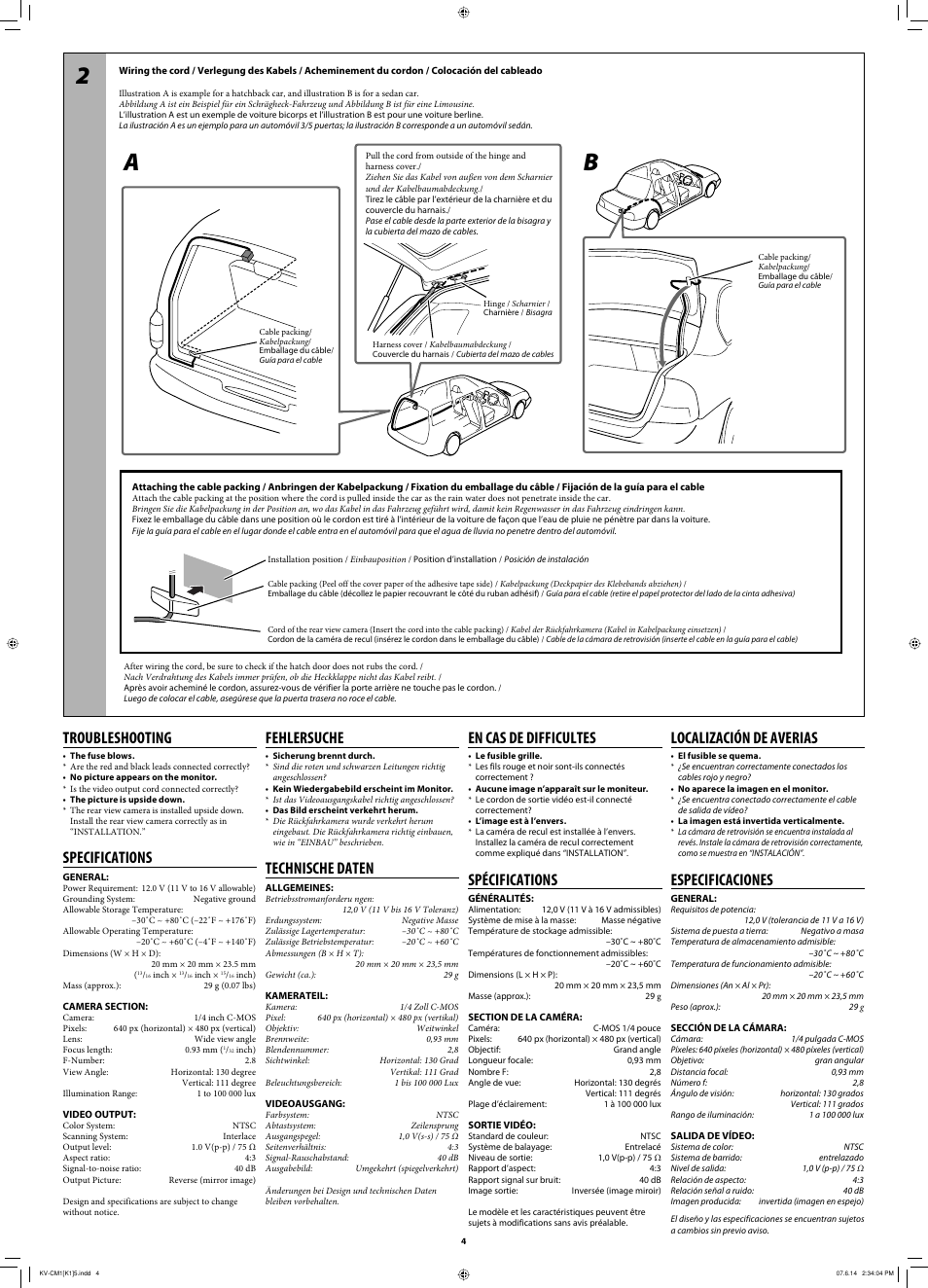 Troubleshooting, Specifications, Fehlersuche | Technische daten, En cas de difficultes, Spécifications, Localización de averias, Especificaciones | JVC 0607NSMMDWMTM User Manual | Page 4 / 4