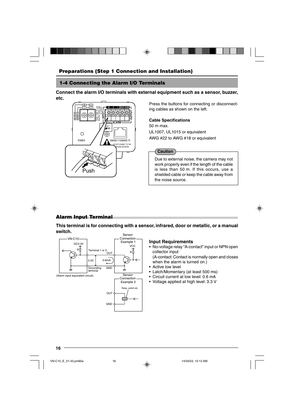 4 connecting the alarm i/o terminals, Push, Alarm input terminal | Preparations (step 1 connection and installation) | JVC V.NETWORKS VN-C10 User Manual | Page 16 / 78