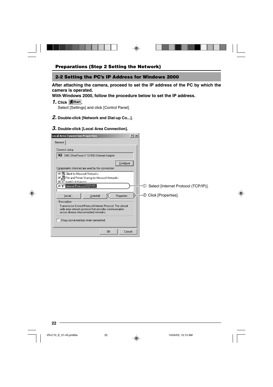 2 setting the pc’s ip address for windows 2000, Setting the pc’s ip address for windows 2000 | JVC V.NETWORKS VN-C10 User Manual | Page 22 / 78