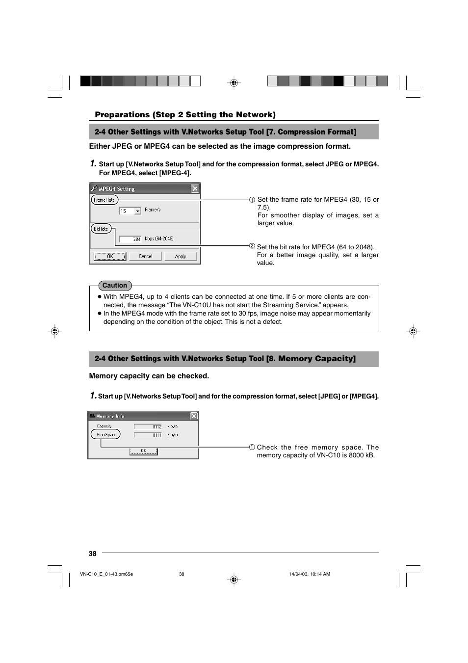 Compression format, Memory capacity | JVC V.NETWORKS VN-C10 User Manual | Page 38 / 78