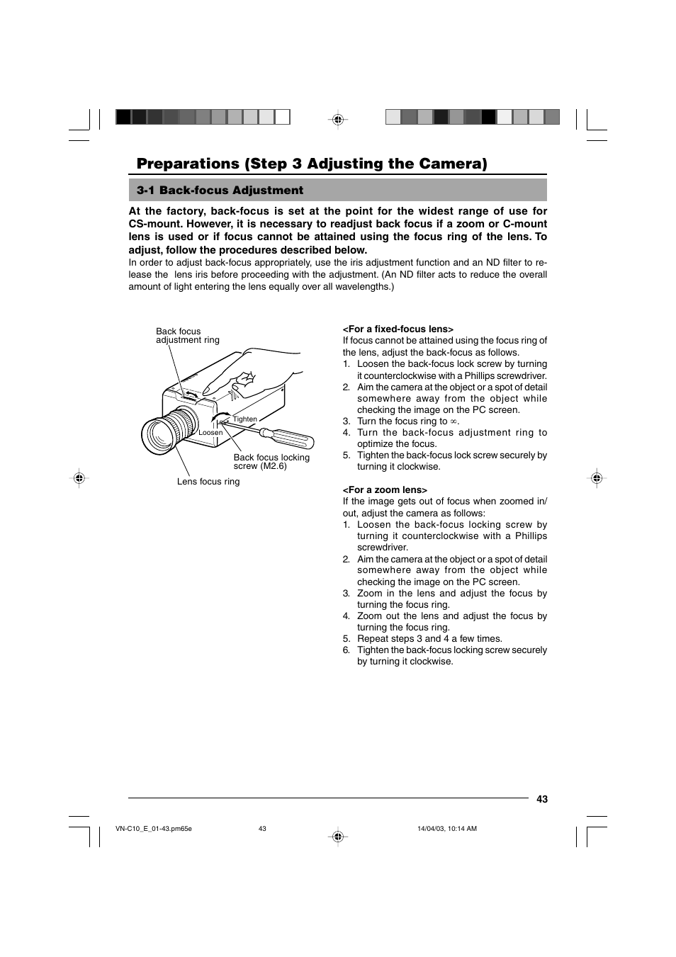 Step 3 adjusting the camera, 1 back-focus adjustment, Preparations (step 3 adjusting the camera) | JVC V.NETWORKS VN-C10 User Manual | Page 43 / 78