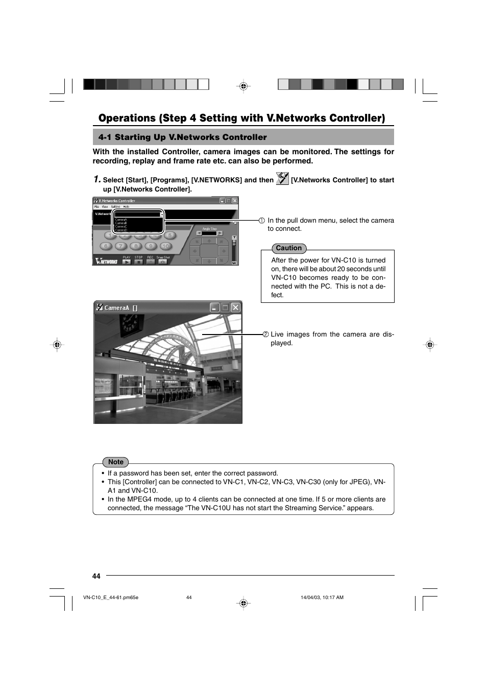 Operations, Step 4 setting with v.networks controller, 1 starting up v.networks controller | JVC V.NETWORKS VN-C10 User Manual | Page 44 / 78