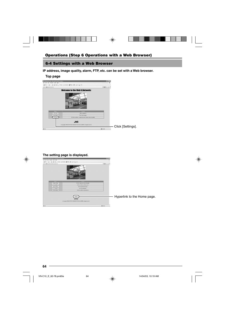4 settings with a web browser | JVC V.NETWORKS VN-C10 User Manual | Page 64 / 78