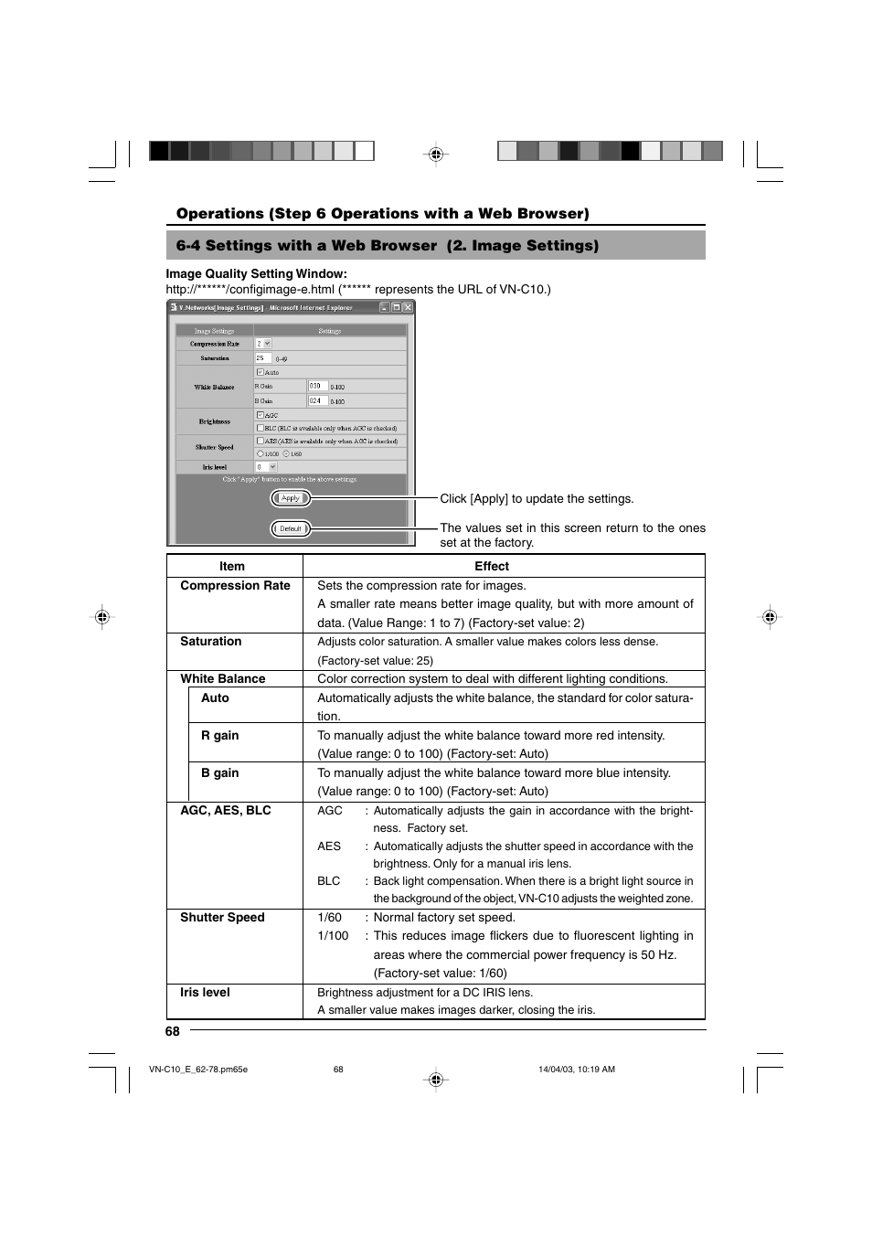 Image settings, 2 image settings | JVC V.NETWORKS VN-C10 User Manual | Page 68 / 78