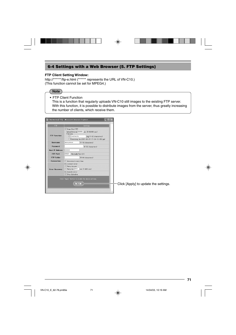 Ftp settings, 5 ftp settings, 4 settings with a web browser (5. ftp settings) | JVC V.NETWORKS VN-C10 User Manual | Page 71 / 78