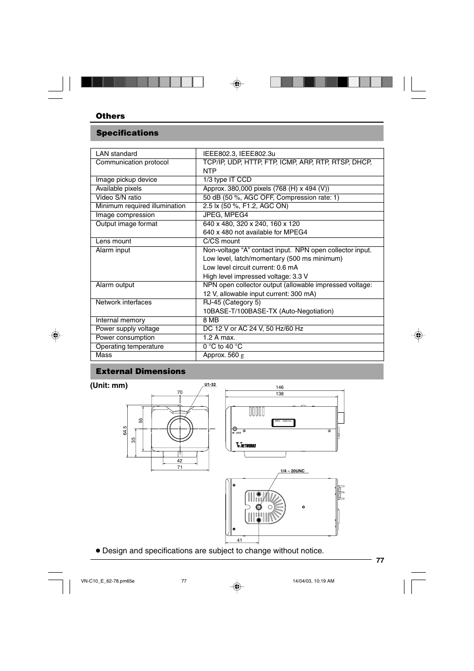Specifications, External dimensions | JVC V.NETWORKS VN-C10 User Manual | Page 77 / 78