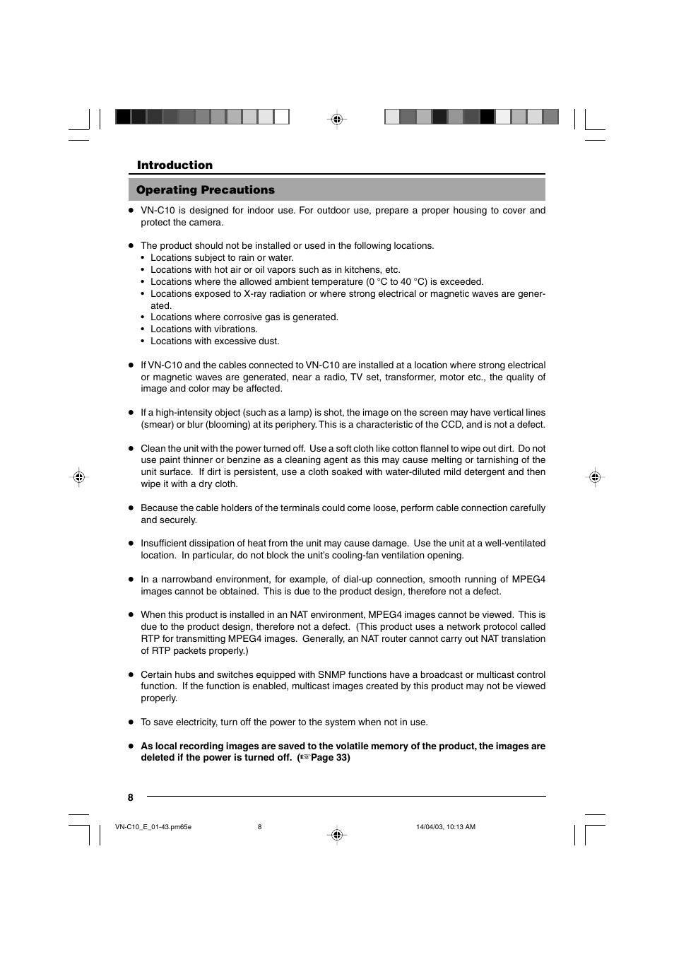 Operating precautions | JVC V.NETWORKS VN-C10 User Manual | Page 8 / 78