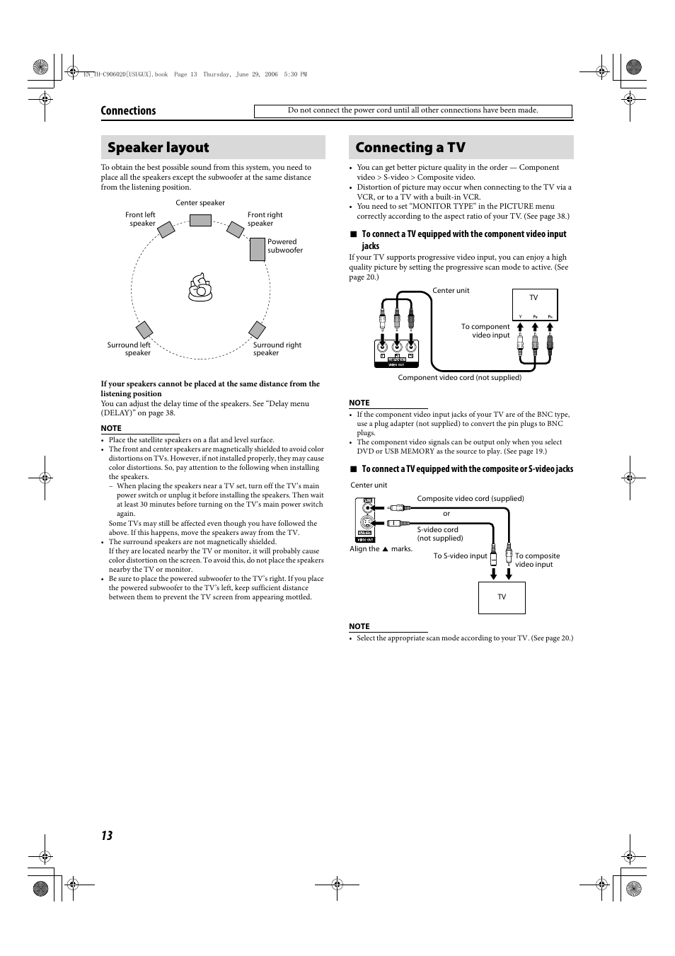 Speaker layout, Connecting a tv, Connections | JVC LVT1504-005B User Manual | Page 16 / 50