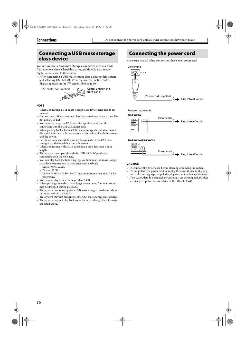 Connecting a usb mass storage class device, Connecting the power cord, Connections | JVC LVT1504-005B User Manual | Page 18 / 50