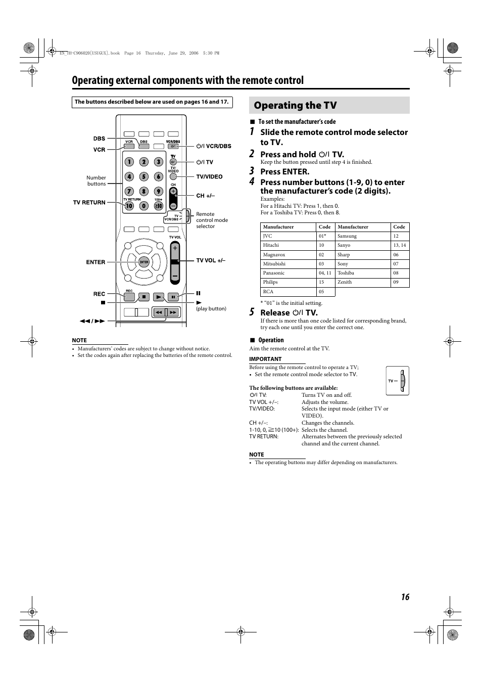 Operating the tv, Slide the remote control mode selector to tv, Press and hold f tv | Press enter, Release f tv | JVC LVT1504-005B User Manual | Page 19 / 50