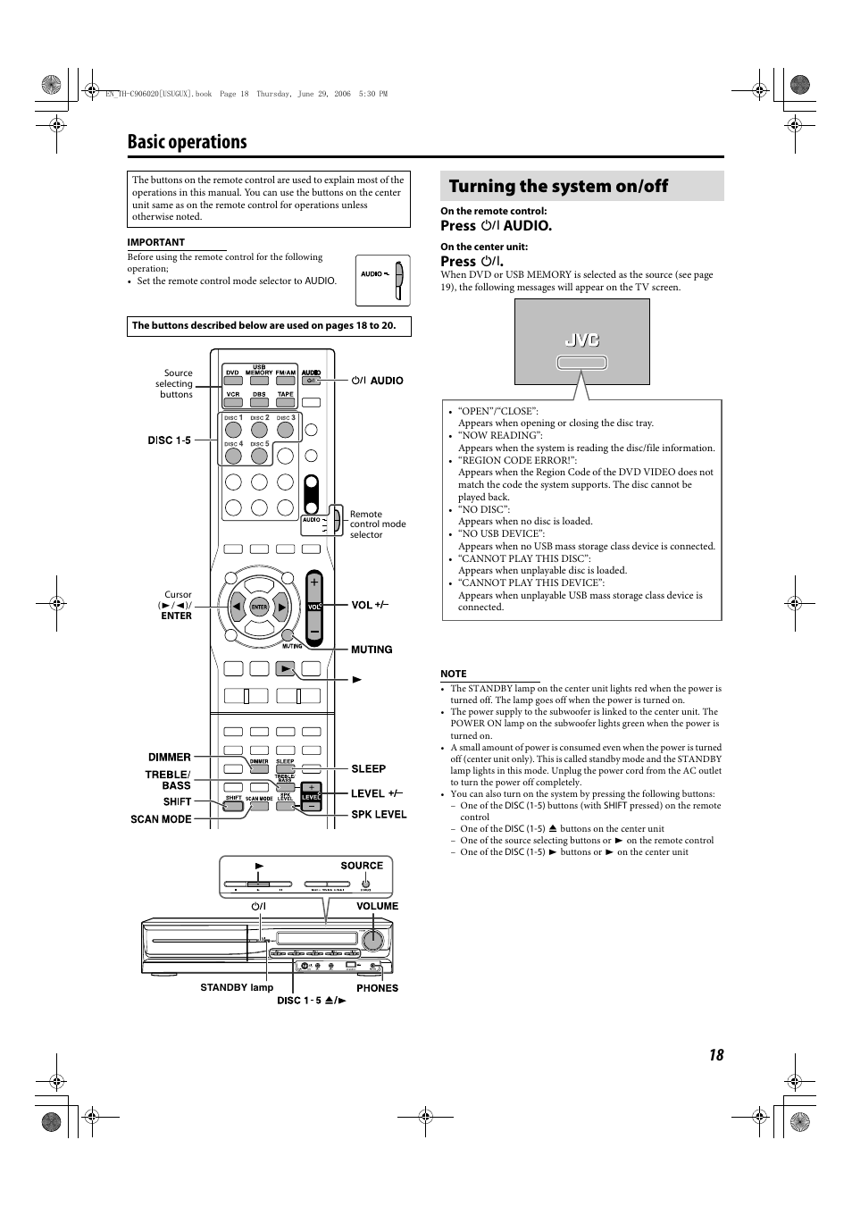 Basic operations, Turning the system on/off, Press f audio | Press f | JVC LVT1504-005B User Manual | Page 21 / 50