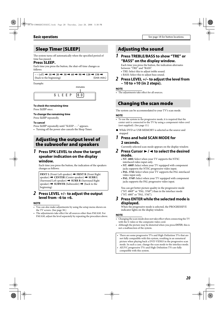 Sleep timer [sleep, Adjusting the sound changing the scan mode, Basic operations | JVC LVT1504-005B User Manual | Page 23 / 50