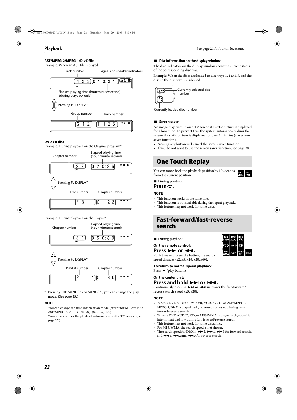 One touch replay fast-forward/fast-reverse search, Playback, Press | Press y or 1, Press and hold x or 4 | JVC LVT1504-005B User Manual | Page 26 / 50