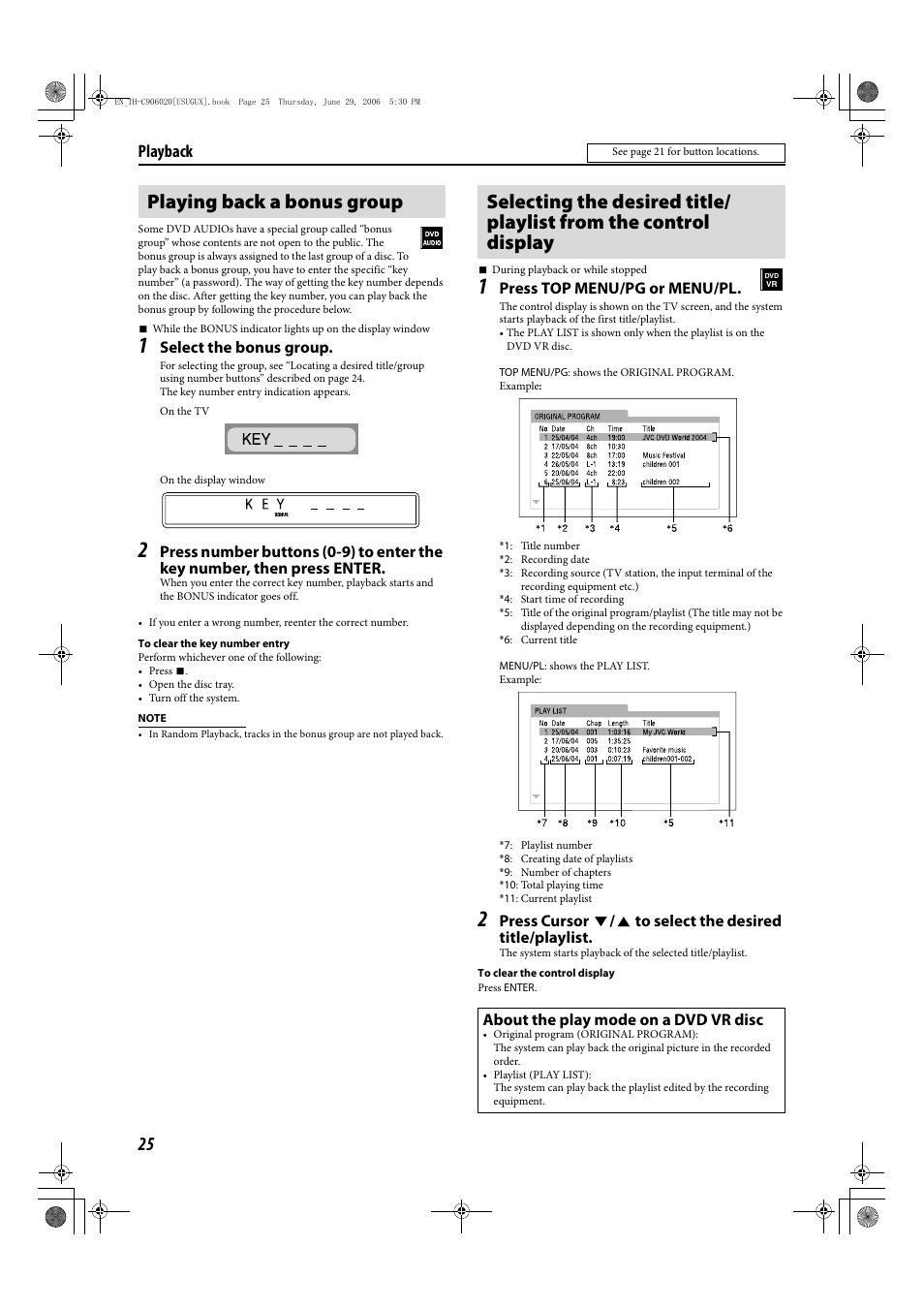 Playback, Select the bonus group, Press top menu/pg or menu/pl | About the play mode on a dvd vr disc | JVC LVT1504-005B User Manual | Page 28 / 50