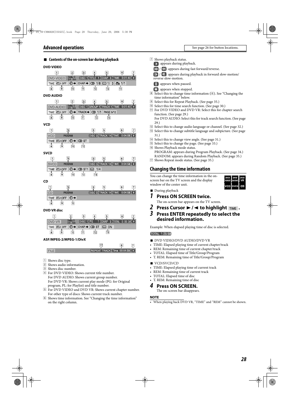 Changing the time information, Advanced operations | JVC LVT1504-005B User Manual | Page 31 / 50