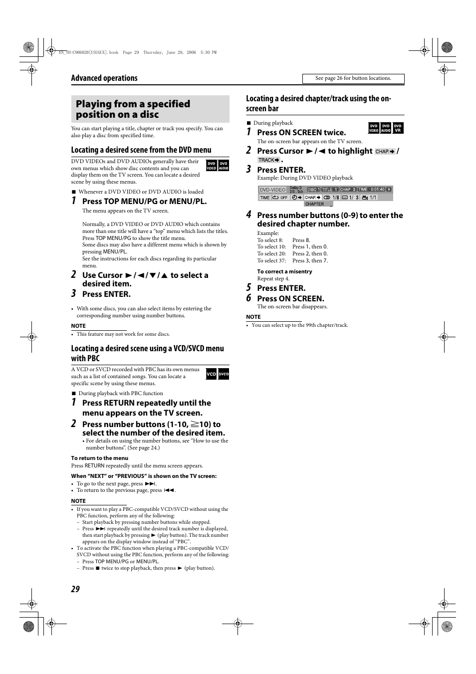 Playing from a specified position on a disc, Locating a desired scene from the dvd menu, Advanced operations | JVC LVT1504-005B User Manual | Page 32 / 50