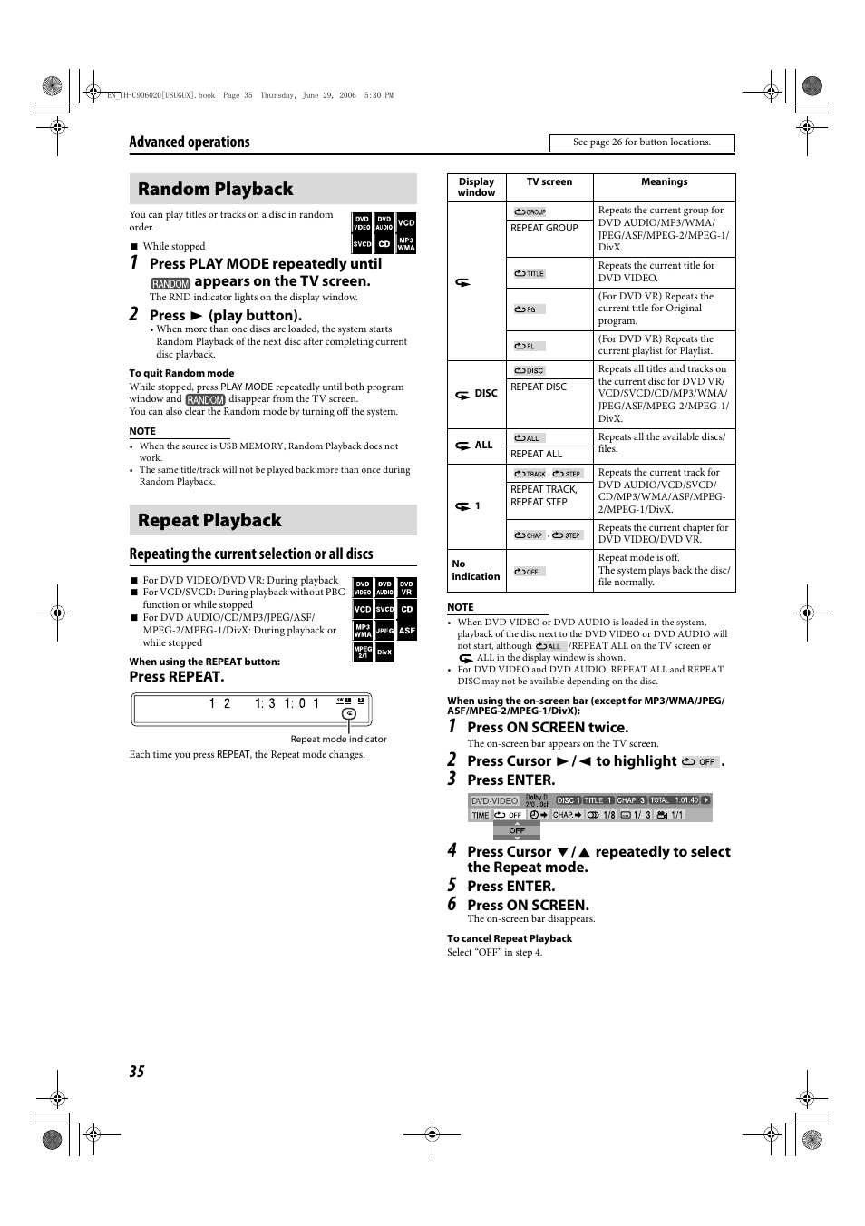 Random playback repeat playback, Repeating the current selection or all discs, Advanced operations | JVC LVT1504-005B User Manual | Page 38 / 50