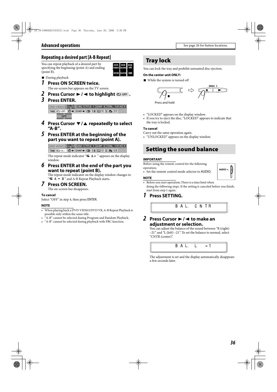 Tray lock setting the sound balance, Repeating a desired part [a-b repeat, Advanced operations | JVC LVT1504-005B User Manual | Page 39 / 50