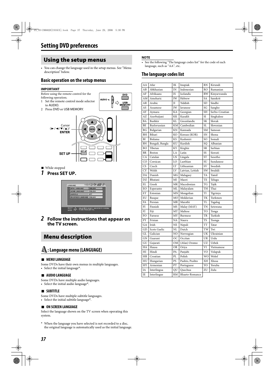 Setting dvd preferences, Using the setup menus menu description, Basic operation on the setup menus | Language menu (language), The language codes list, Press set up, 7 menu language, 7 audio language, 7 subtitle, 7 on screen language | JVC LVT1504-005B User Manual | Page 40 / 50