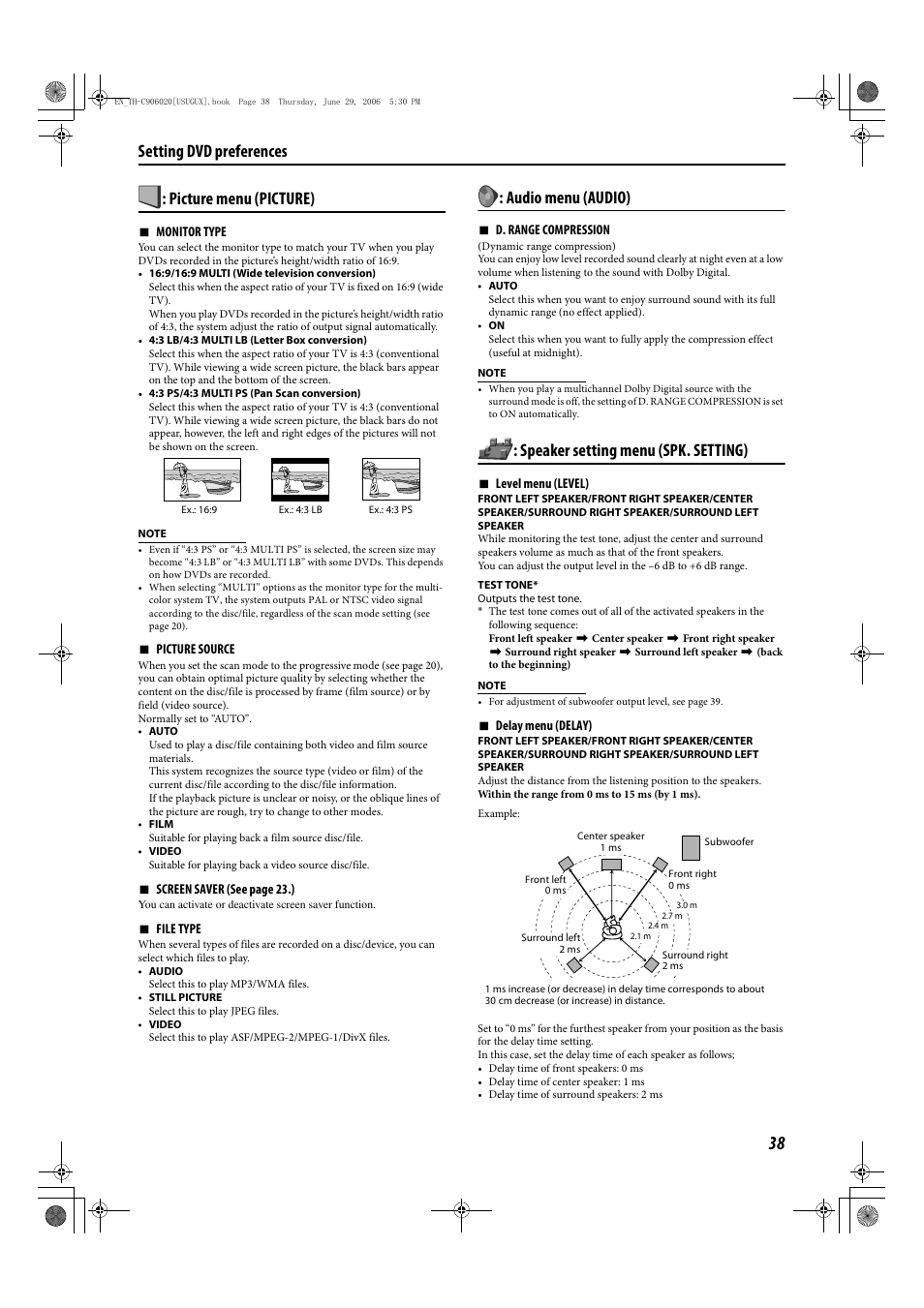 Picture menu (picture), Audio menu (audio), Speaker setting menu (spk. setting) | Setting dvd preferences | JVC LVT1504-005B User Manual | Page 41 / 50