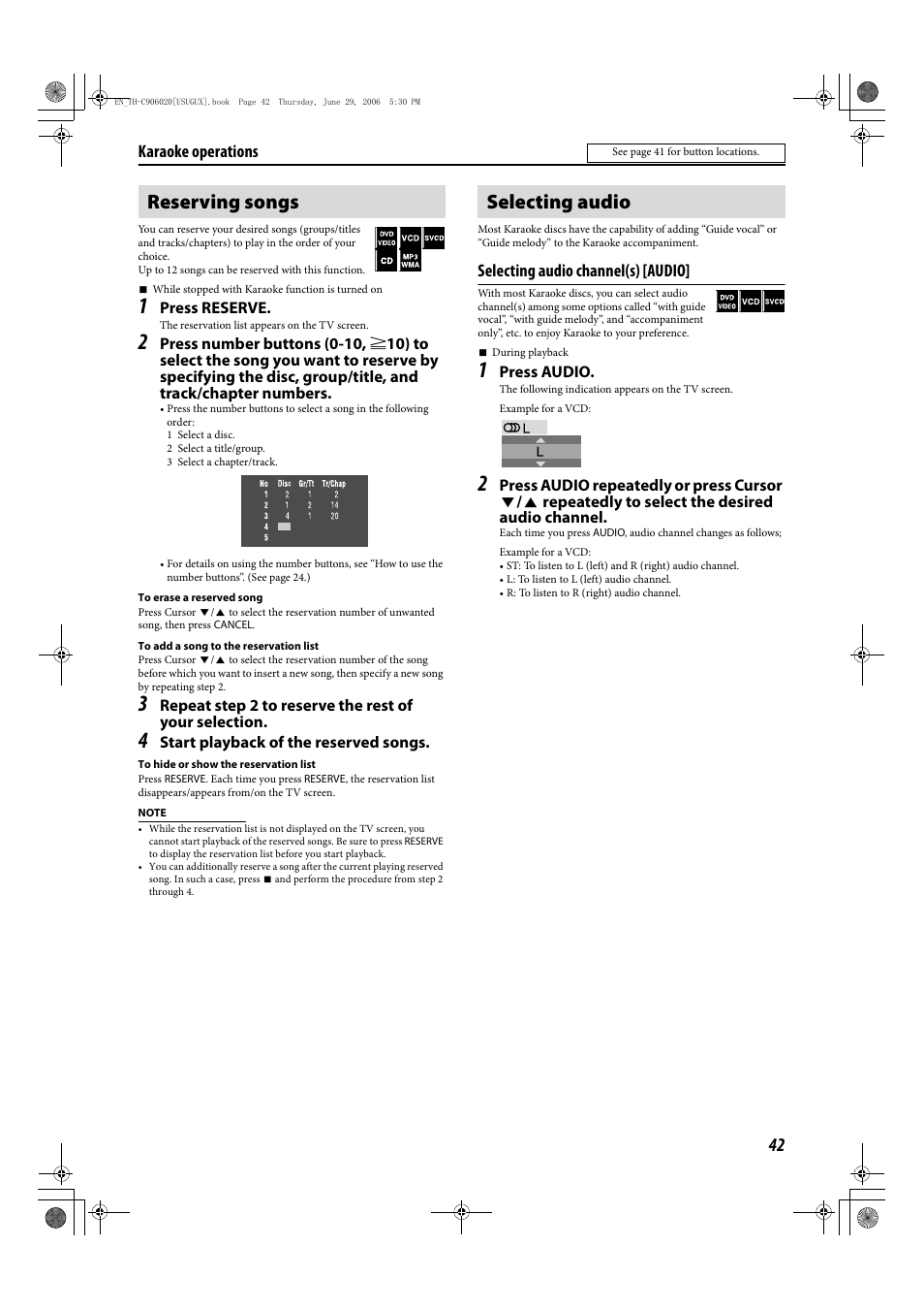 Reserving songs selecting audio, Selecting audio channel(s) [audio, Karaoke operations | JVC LVT1504-005B User Manual | Page 45 / 50