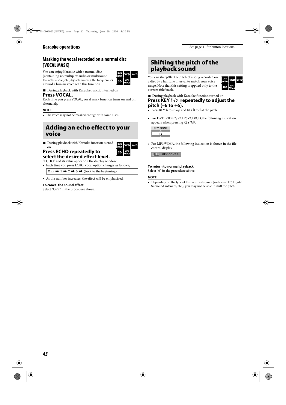 Adding an echo effect to your voice, Shifting the pitch of the playback sound, Karaoke operations | Press vocal | JVC LVT1504-005B User Manual | Page 46 / 50