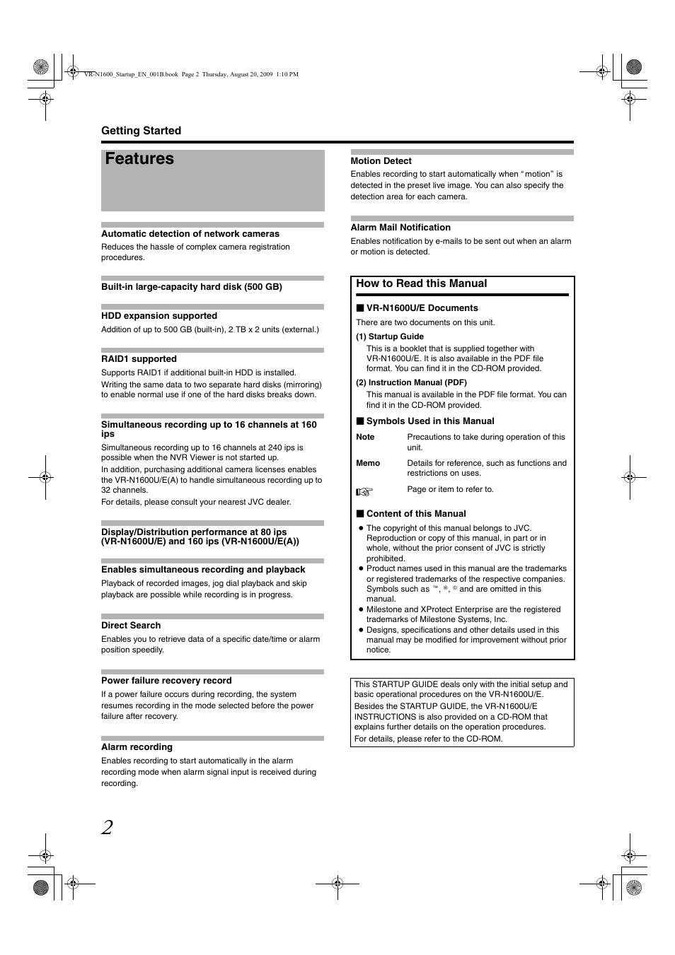 Getting started, Features | JVC LST0601-001B User Manual | Page 10 / 32