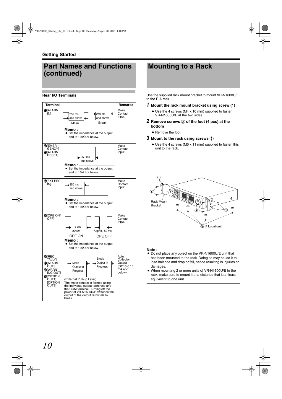 Mounting to a rack, Part names and functions (continued) | JVC LST0601-001B User Manual | Page 18 / 32