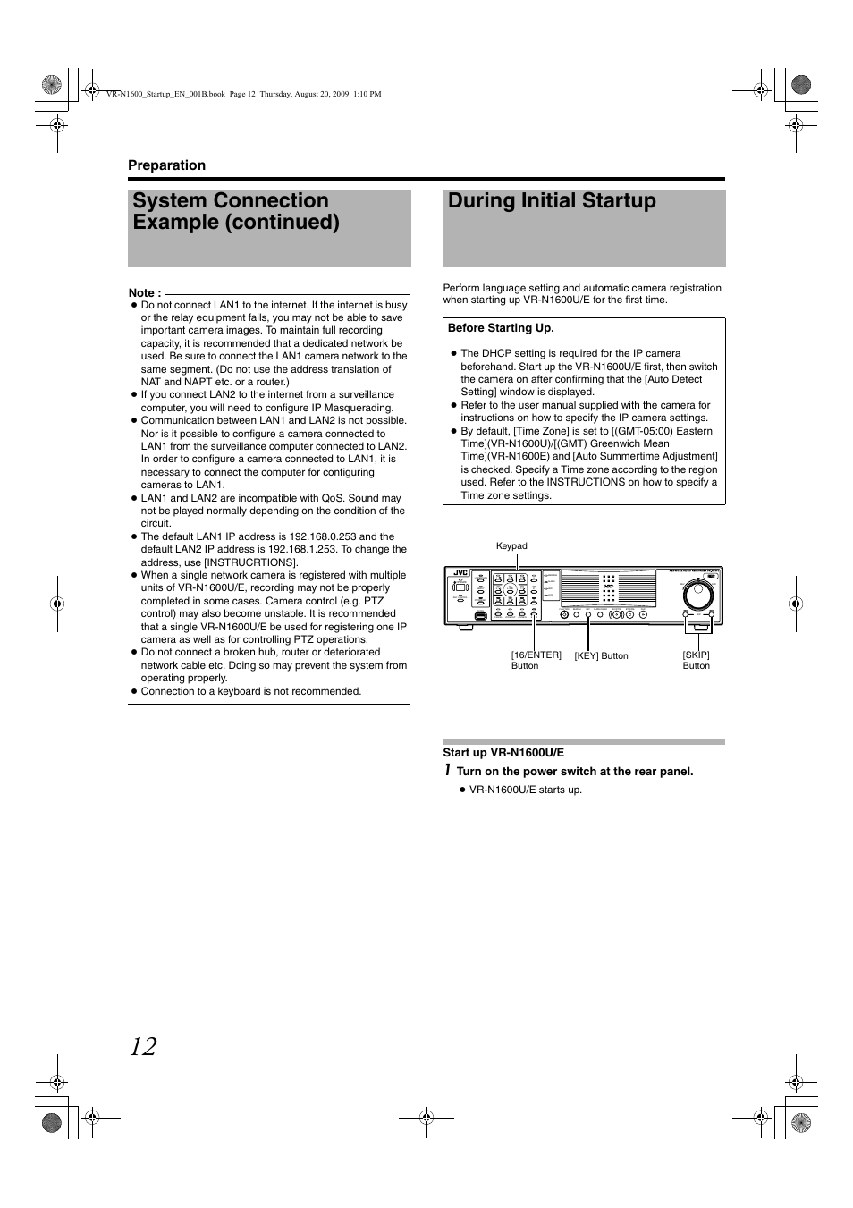 During initial startup, Preparation, Start up vr-n1600u/e | Turn on the power switch at the rear panel, Before starting up, Vr-n1600u/e starts up | JVC LST0601-001B User Manual | Page 20 / 32