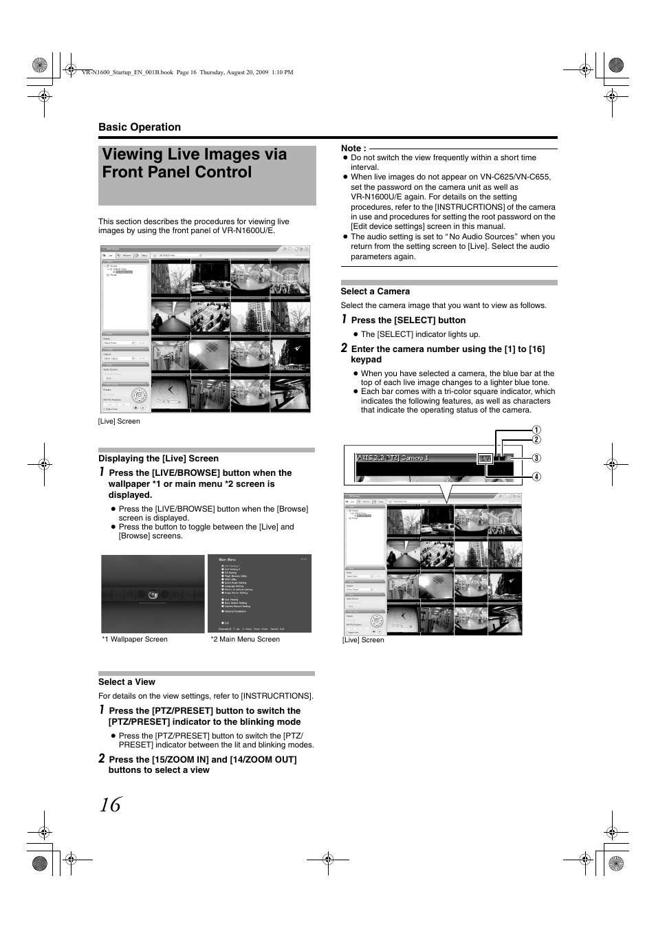 Basic operation, Viewing live images via front panel control, Displaying the [live] screen | Select a view, Select a camera | JVC LST0601-001B User Manual | Page 24 / 32