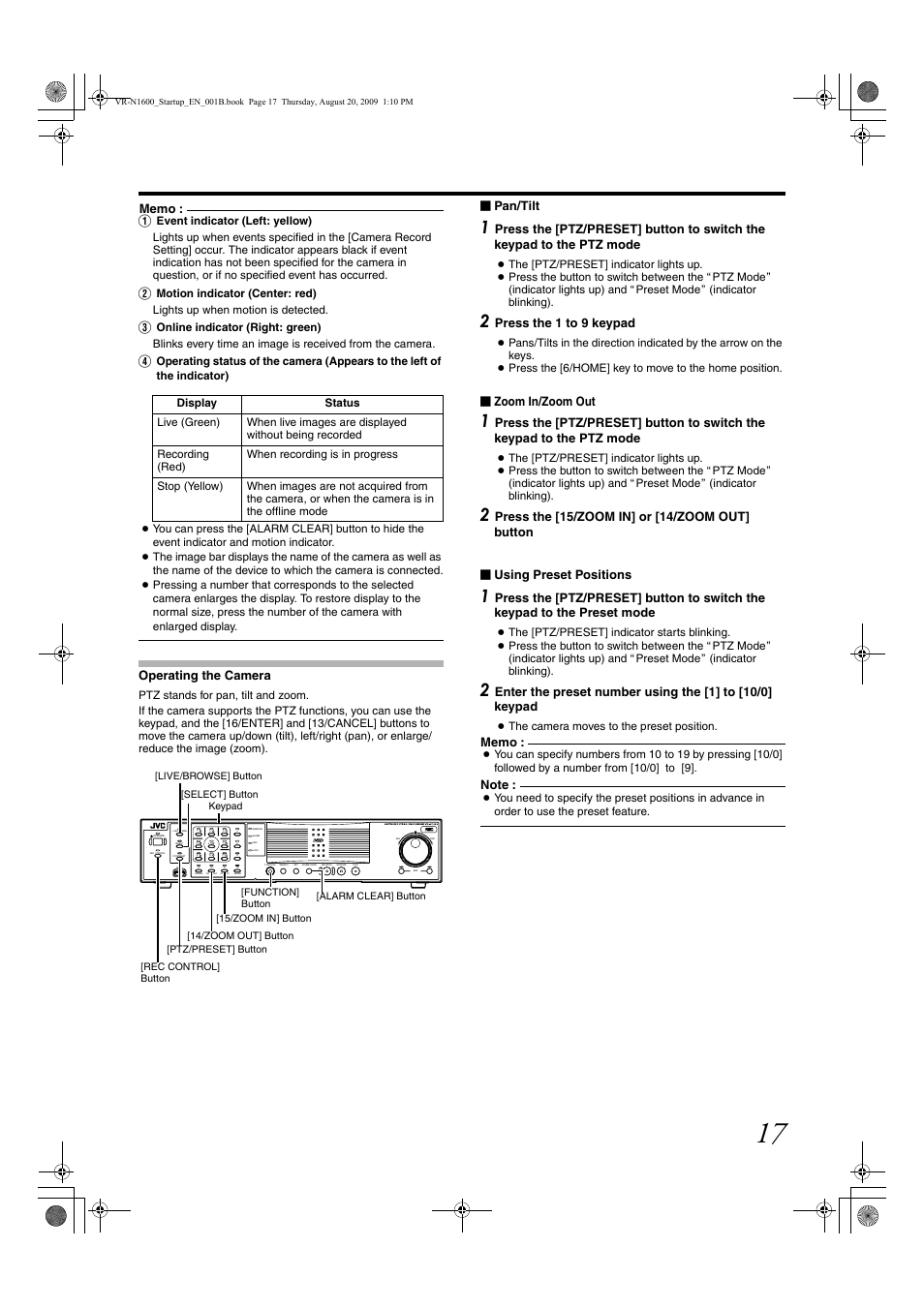 Operating the camera, Pan/tilt, Press the 1 to 9 keypad | Zoom in/zoom out | JVC LST0601-001B User Manual | Page 25 / 32