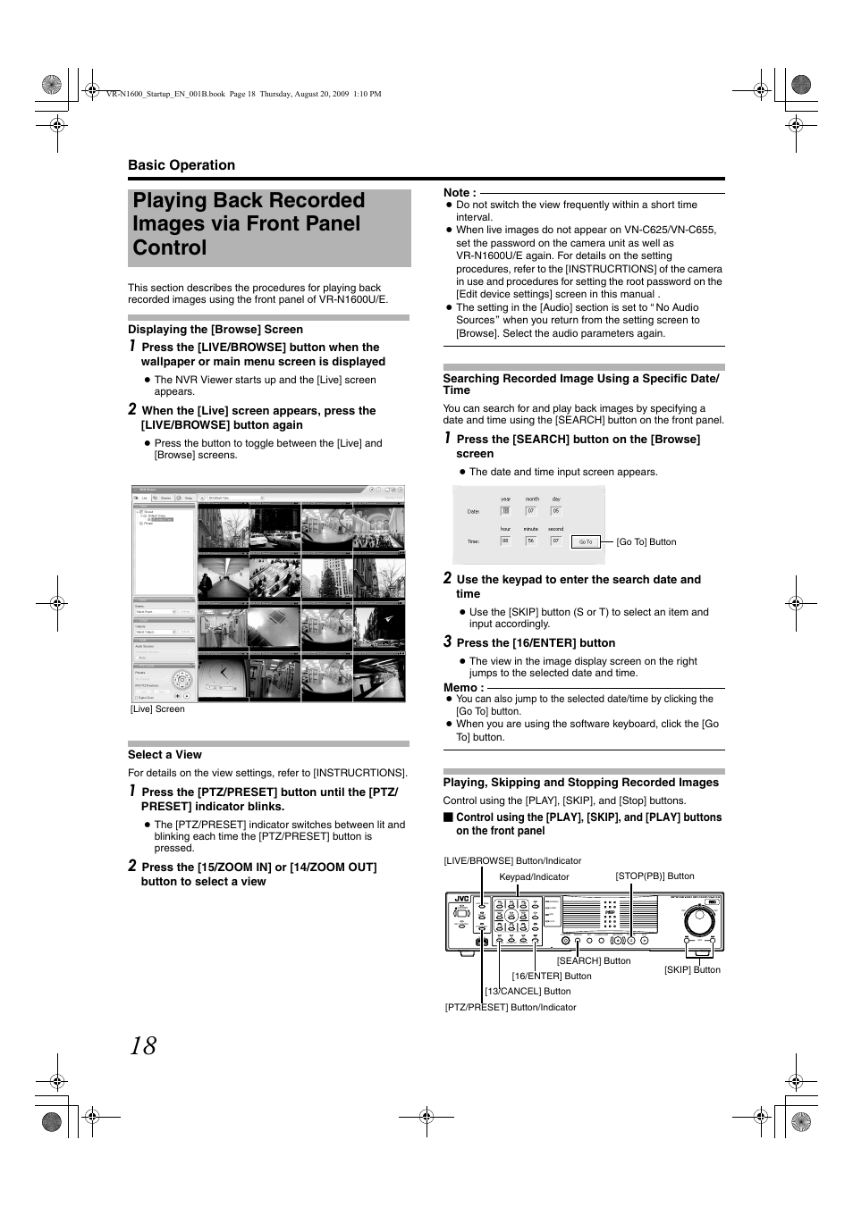 Select a view, Playing, skipping and stopping recorded images, Playing back recorded images | Via front panel control, Searching recorded image, Using a specific date/time, Basic operation, Displaying the [browse] screen, Press the [search] button on the [browse] screen, Use the keypad to enter the search date and time | JVC LST0601-001B User Manual | Page 26 / 32