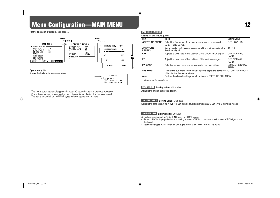 Menu configuration—main menu | JVC DT-V17G1 User Manual | Page 12 / 28